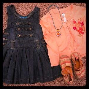 Adorable girls denim dress and Coral Cardigan